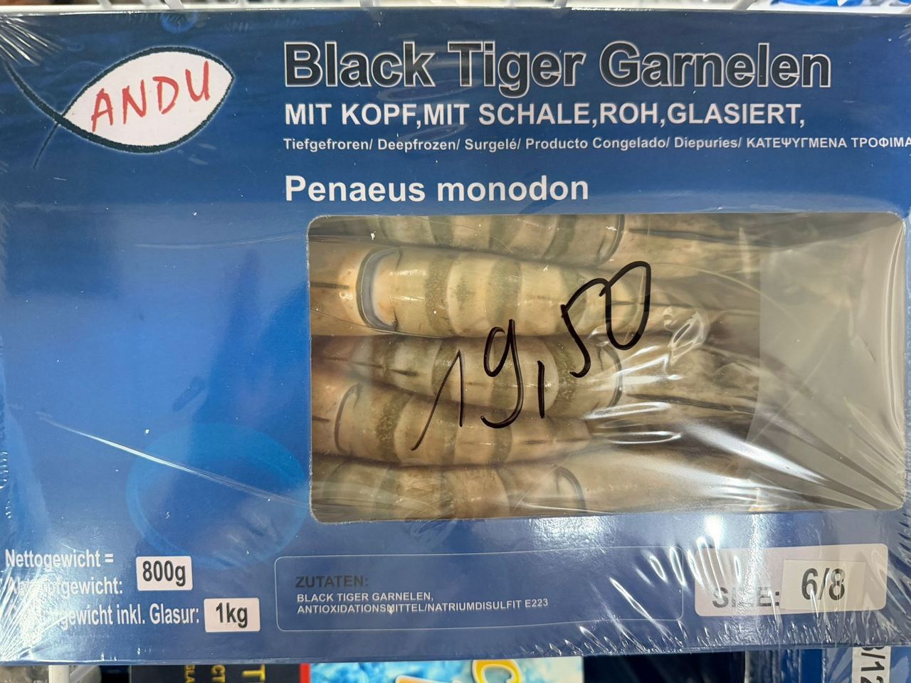 Block frozen black tiger shrimp with head removed and shell on Size 6/8