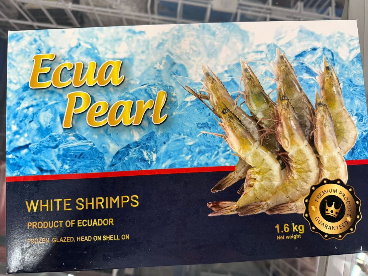 Frozen whole white shrimp coated with Ecua Pearl ice (White Shrimps)